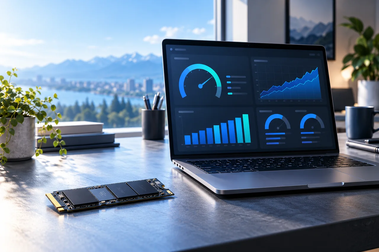 Professional benchmark illustration with NVMe SSD and performance charts.