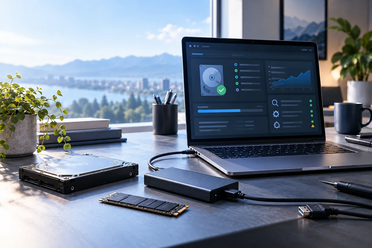 Professional storage health dashboard and SSD image.